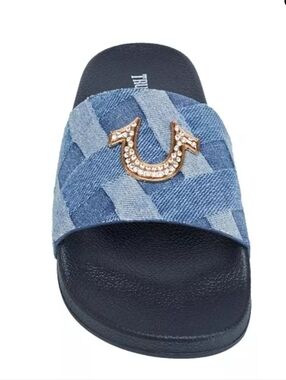 True Religion Blue Denim Woven Slide with Gold Horseshoe Accent